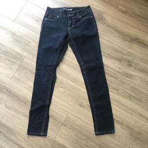 maurice’s dark wash contrast stitches skinny leg jeggings size xs short